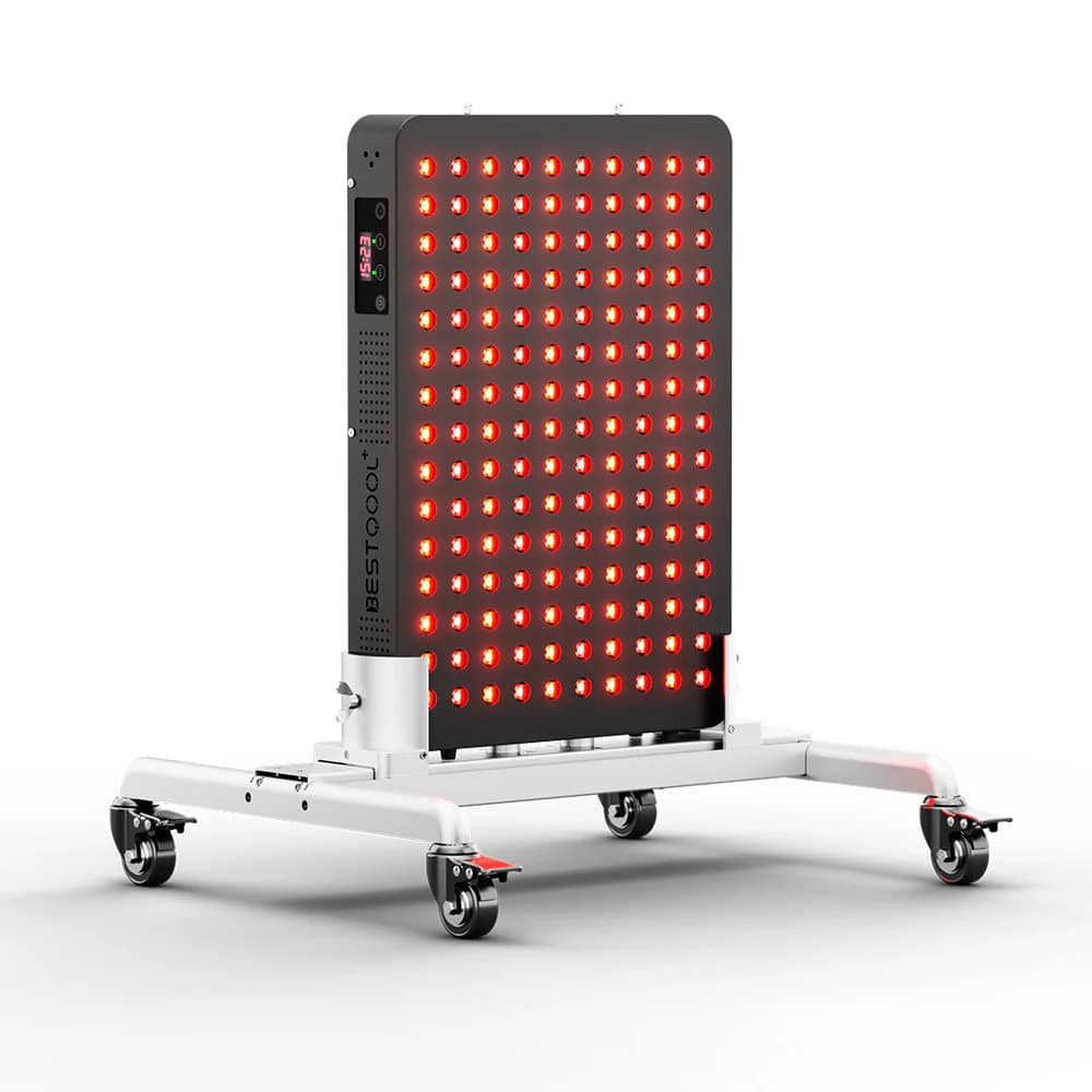 Wheeled base of stand showing mobility features for BestQool multi-panel configuration