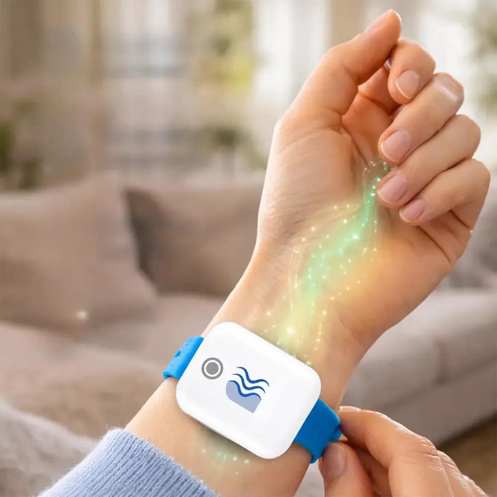 Closeup of the Resona BlueVibe worn on the wrist with its watch-style band