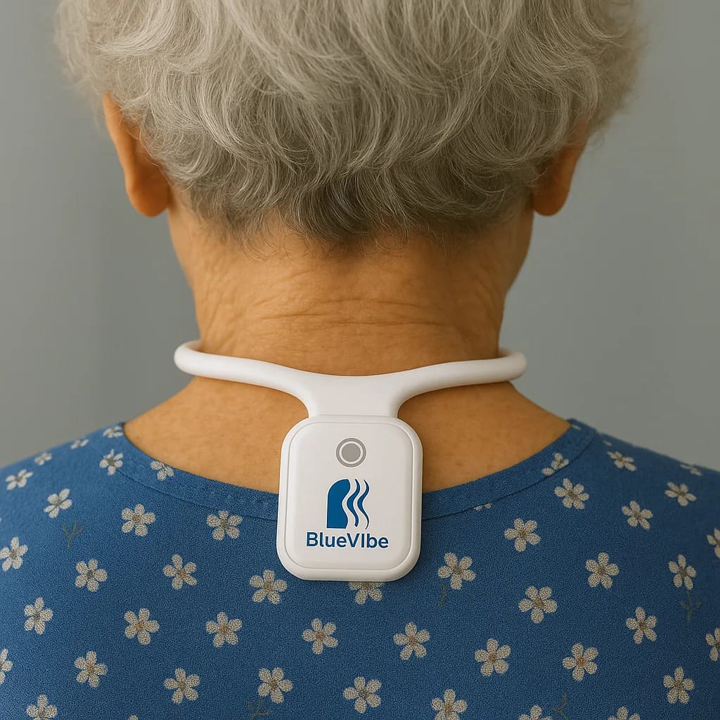 Resona BlueVibe Review showing the device resting at the base of an older woman's neck