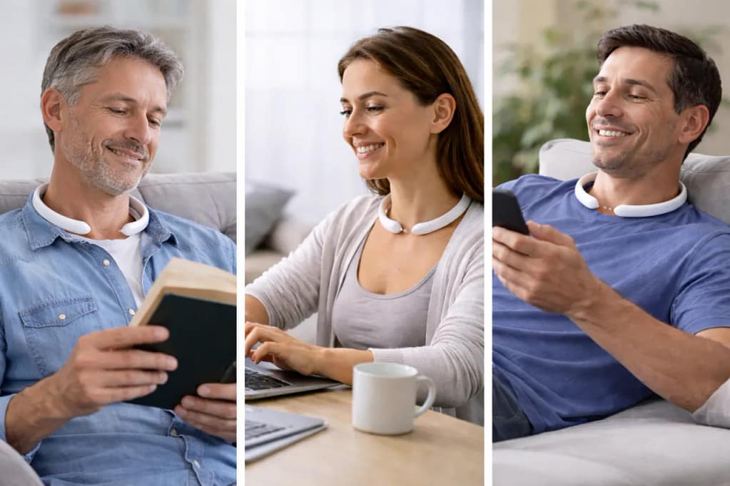 Three people wearing the Resona BlueVibe around the neck, shown side by side