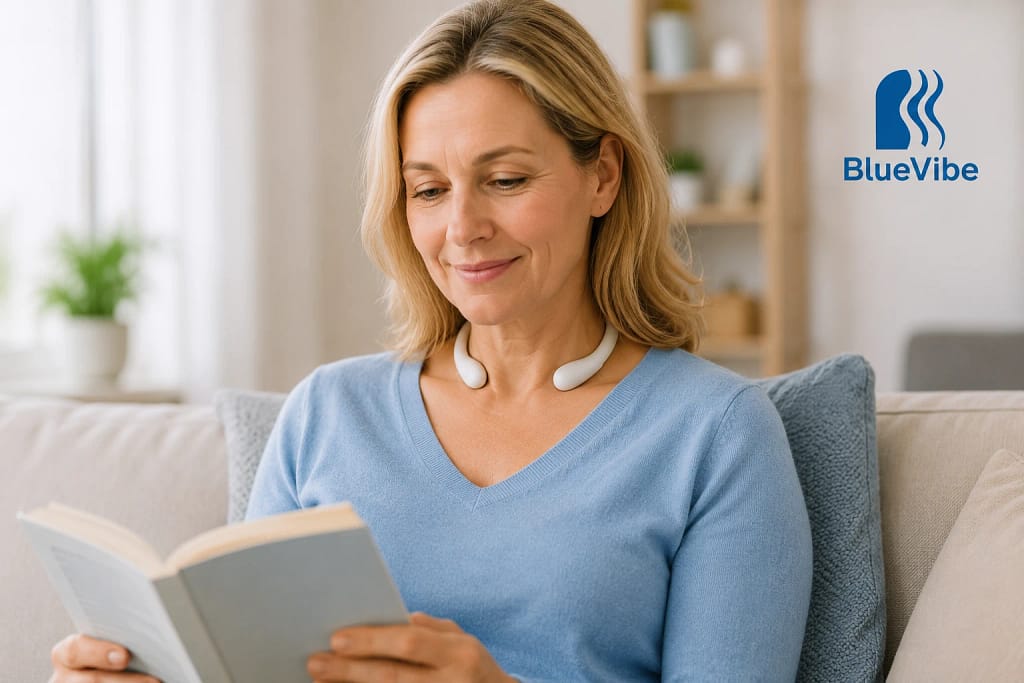 Woman reading on the sofa while wearing the Resona BlueVibe for calm and clarity