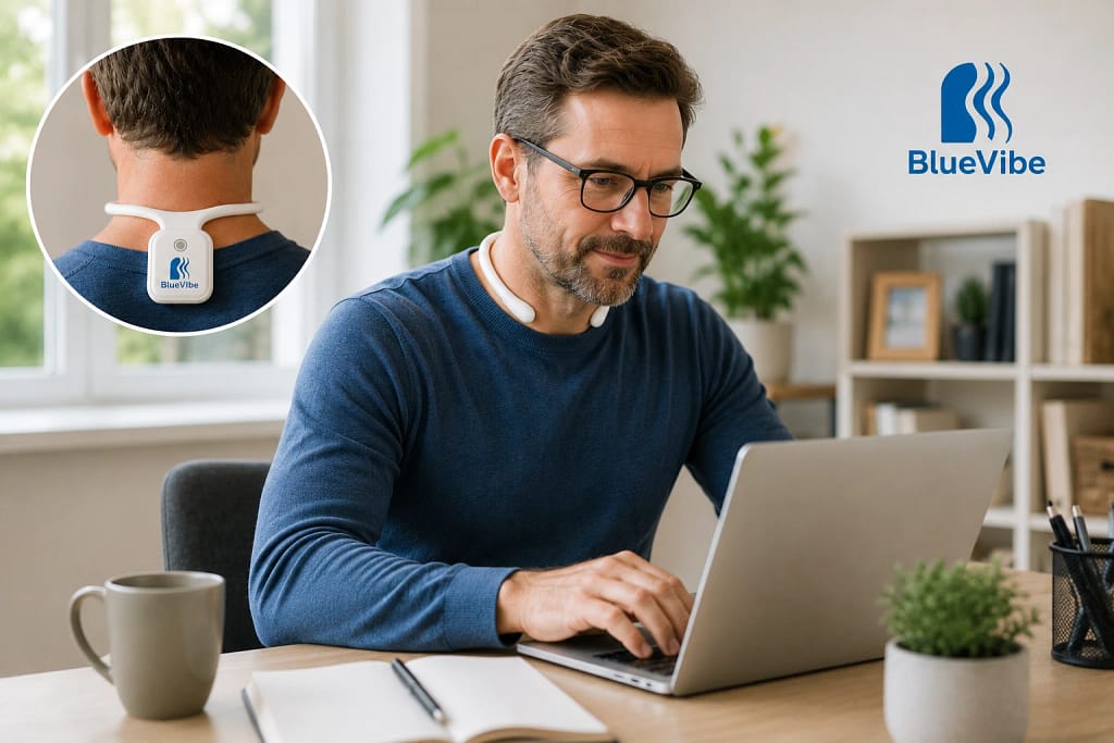 Resona BlueVibe PEMF and blue light wearable on a man working at his laptop