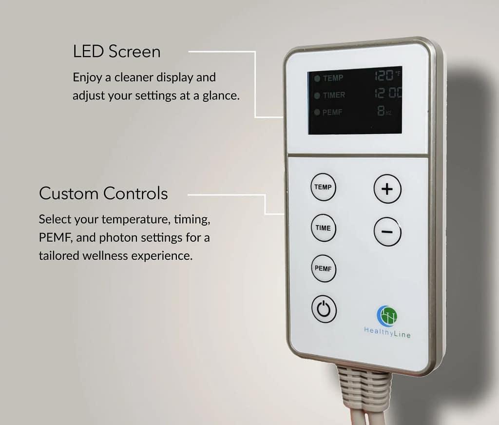 Controller del Materassino HealthyLine TAO che mostra temperatura, PEMF e impostazioni temporali