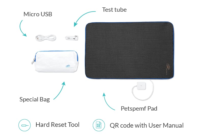 Contenuto pacchetto terapia cani PetsPEMF con accessori per tappetini e materassini