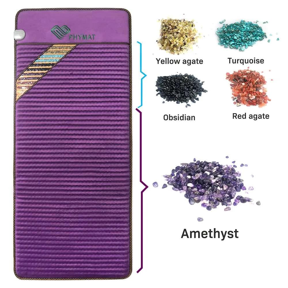 Close-up of crushed amethyst gemstones composing 90% of Phymat Amethyst PEMF Mat