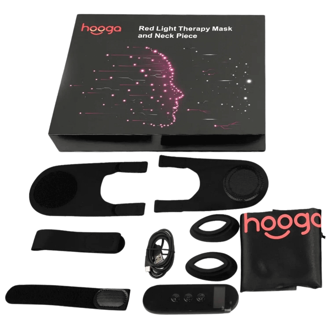 Unboxing della Maschera Viso Hooga per Terapia a Luce Rossa che mostra il contenuto completo della confezione e gli accessori