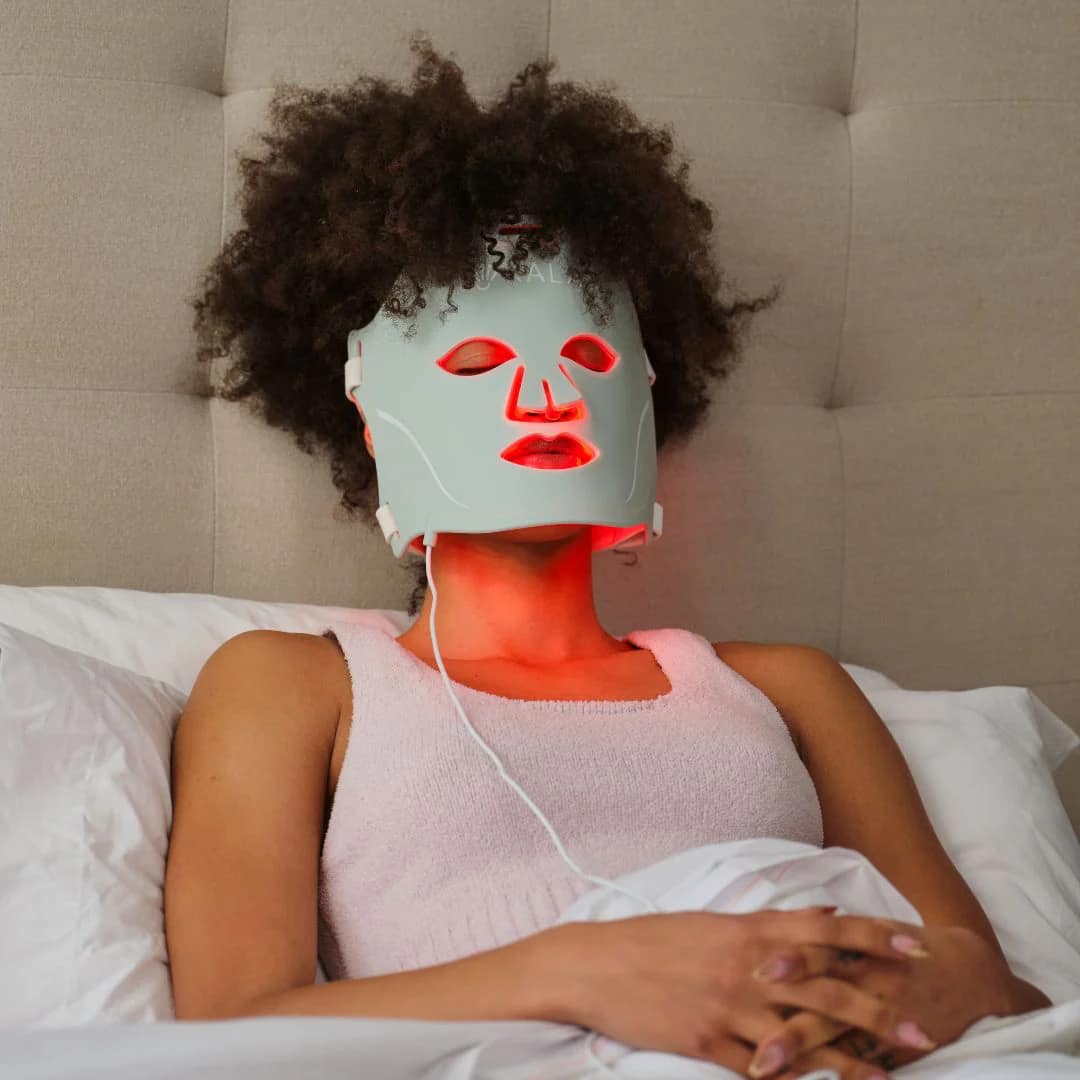 Nighttime skincare routine using Kala Red Light Mask before sleep