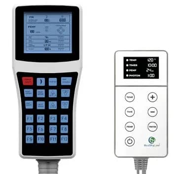 Side-by-side view of basic and advanced PEMF controllers included with HealthyLine Platinum Mat