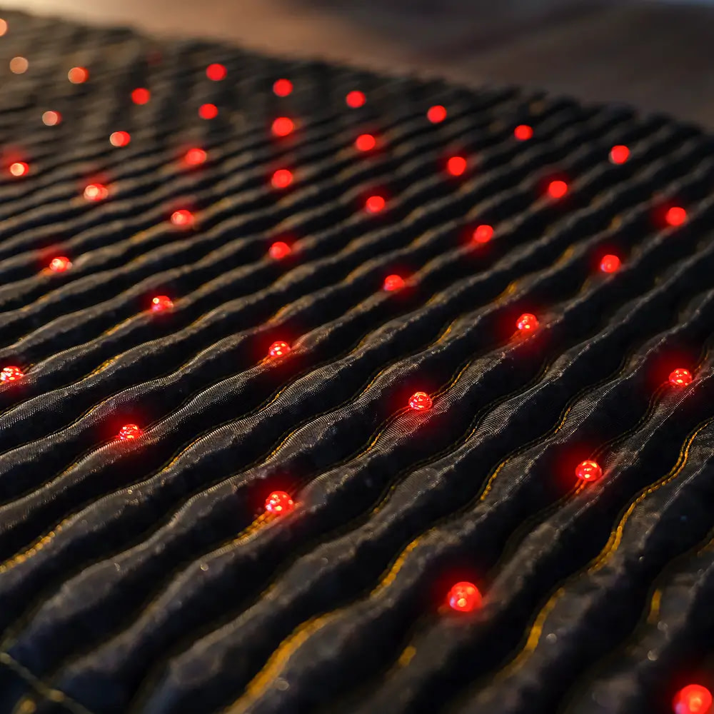 Closeup of the LEDs that deliver red light therapy on the JET mat