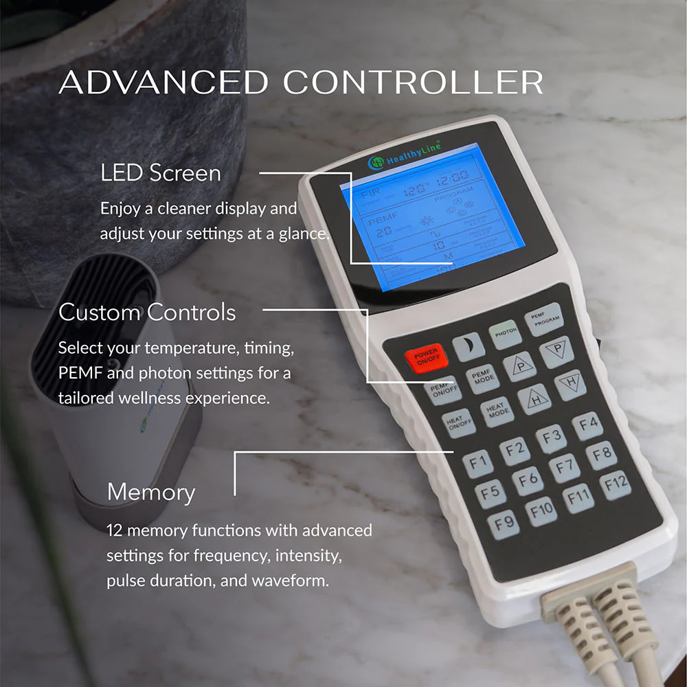 HealthyLine Platinum PEMF MiniMat controller close-up showing easy control panel