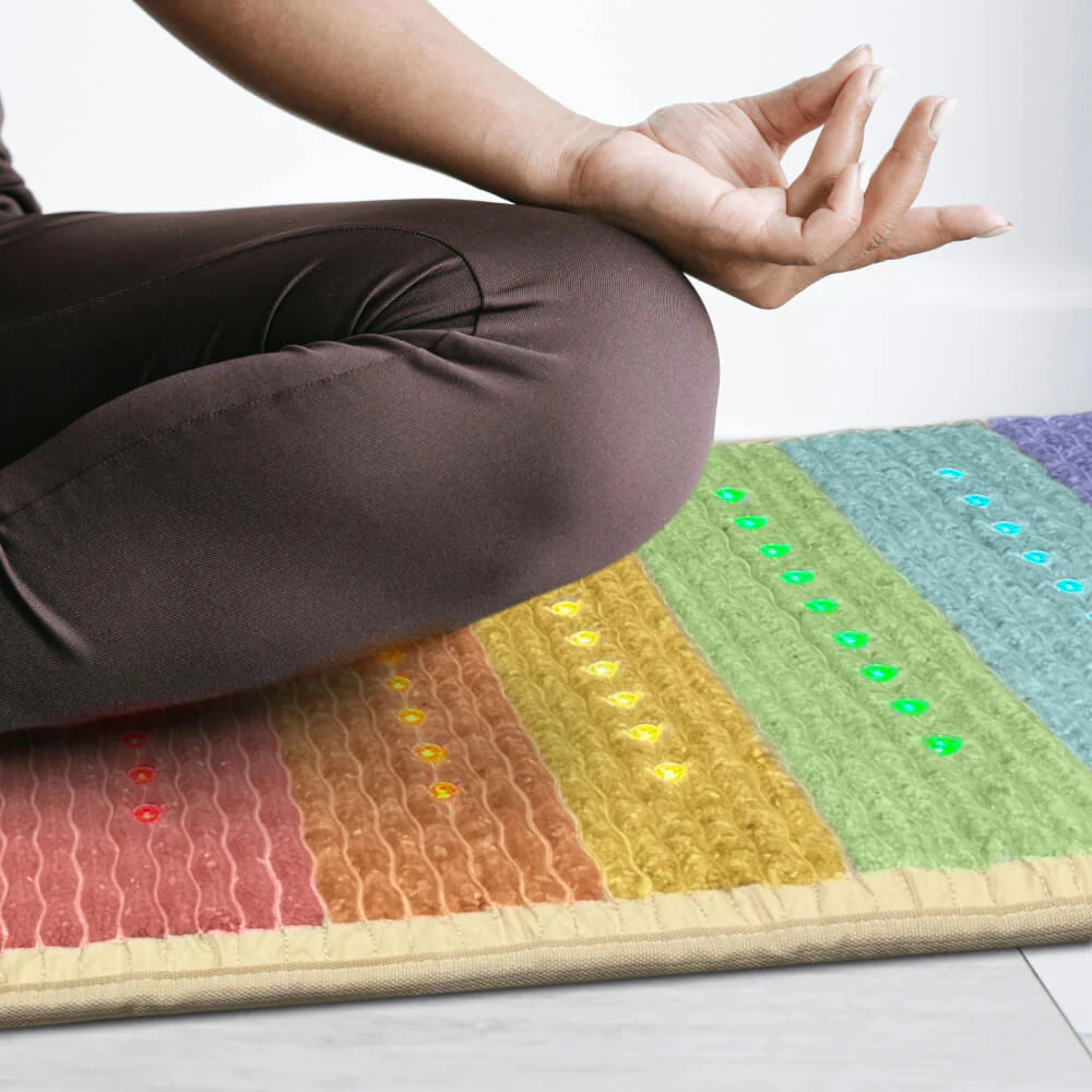 Mudra hand position during meditation on the HealthyLine chakra mat
