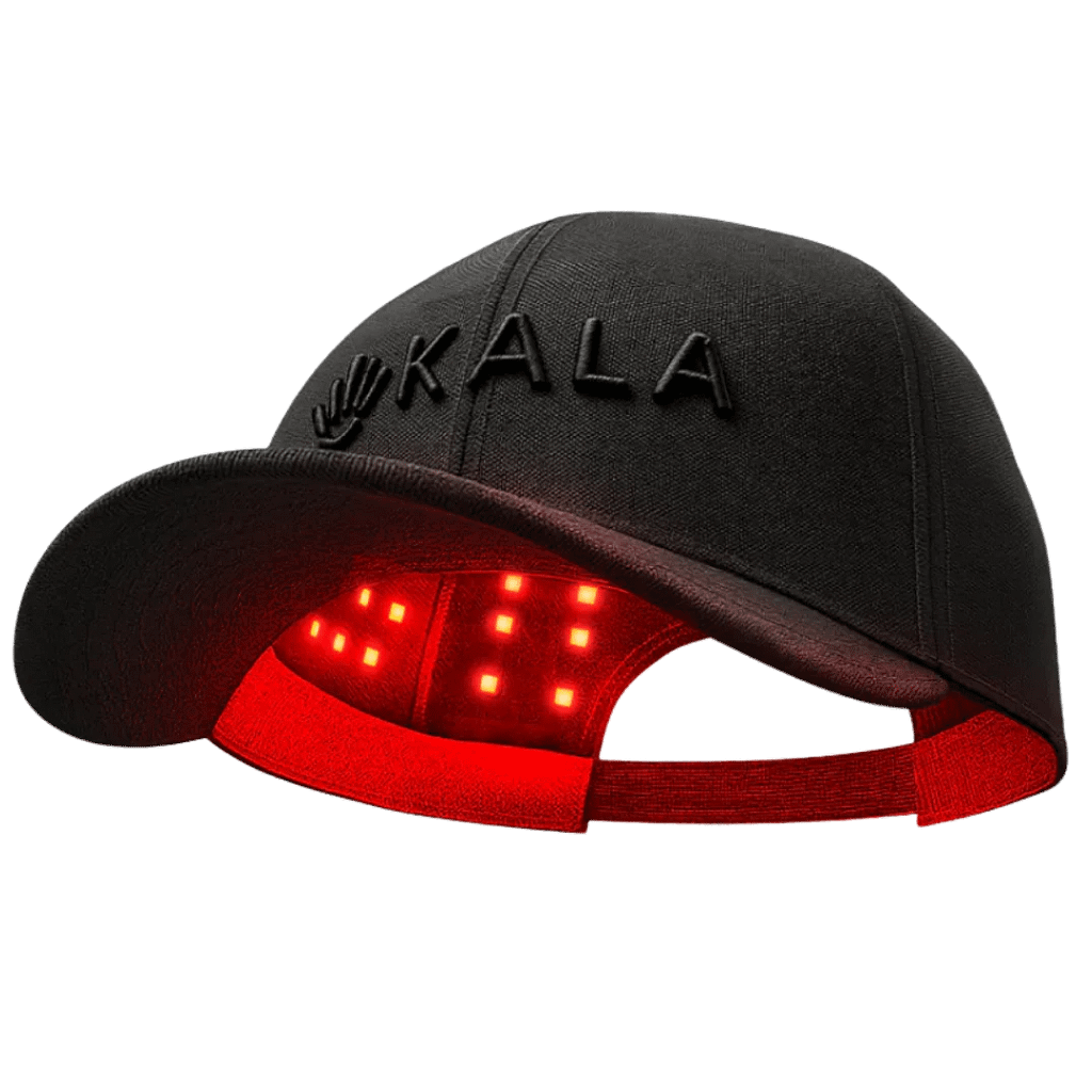 Kala Red Light Therapy Hat full product view featuring portable rechargeable LED scalp treatment cap