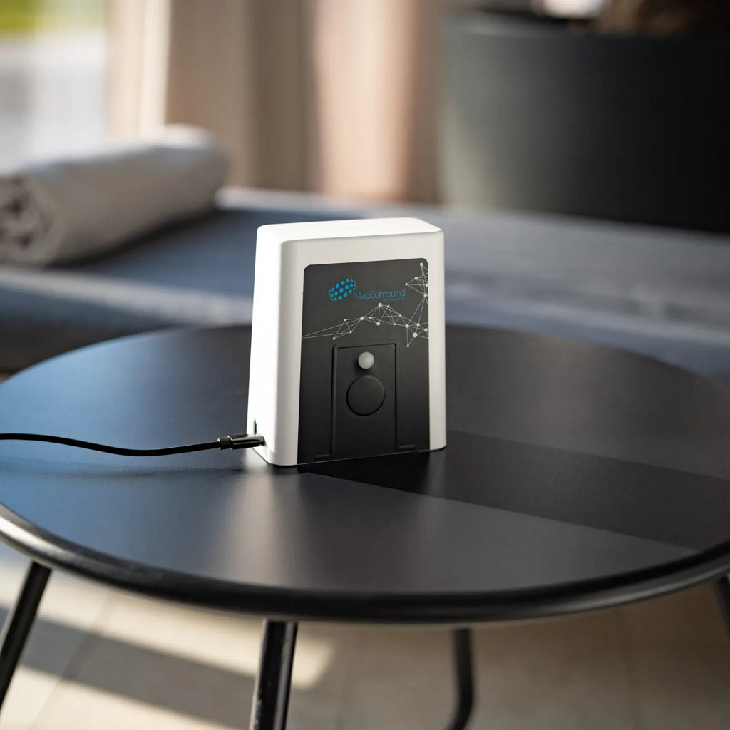 NeoSurround smart PEMF system placed on top of a small table