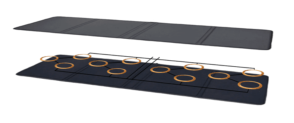 PEMF therapy mat layers showing 12 embedded magnetic coils for targeted full-body stimulation