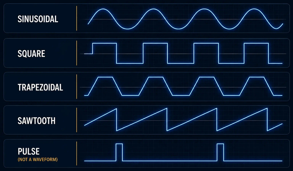 Image showing the 4 different waveforms that PEMF mats uses: Sinusoidal, Square, Trapezoidal, and Impulse