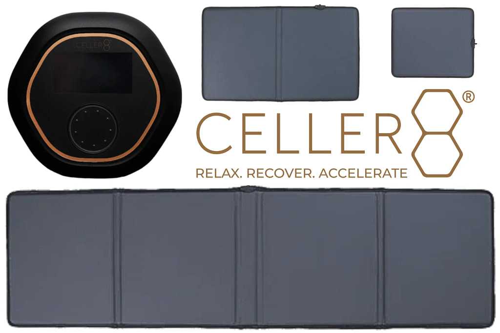 Celler8 reviews – full PEMF mat system with wearable controller and accessories displayed