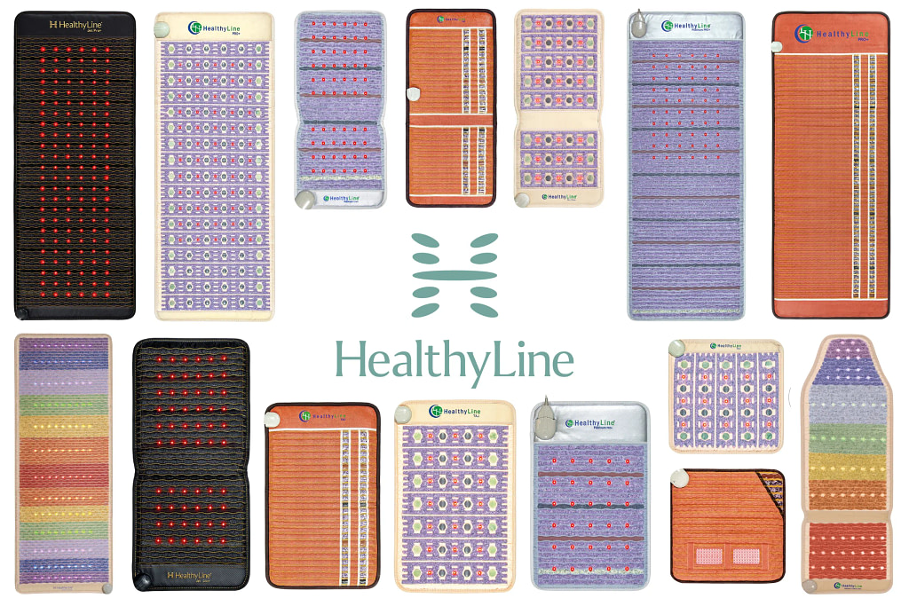 HealthyLine reviews page showing a collection of HealthyLine PEMF mats and infrared therapy products