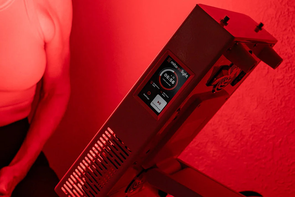 Touchscreen control panel on the side of the Mito Adapt 4.0 red light therapy panel