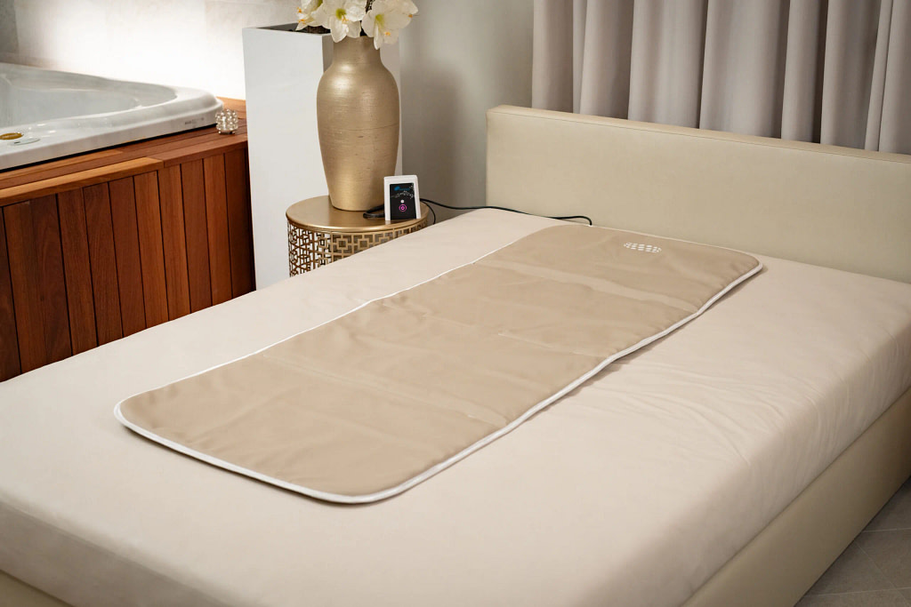 NeoSurround mat laid out on a bed next to the room device on a side table