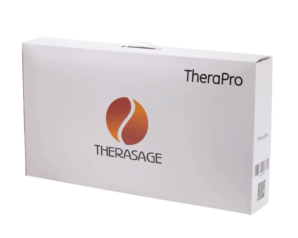 Therasage TheraPro PEMF mat product packaging – box showing red light and infrared PEMF features