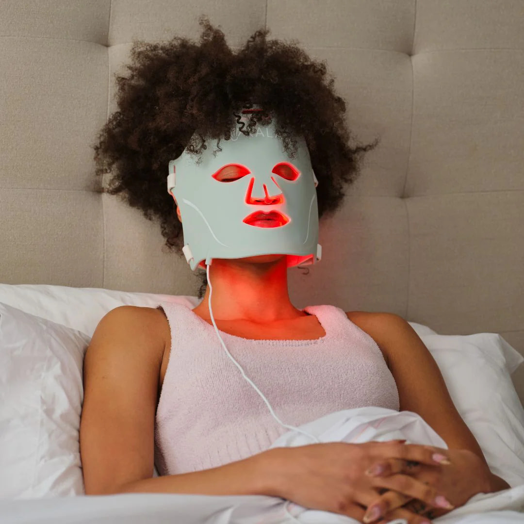 Nighttime skincare routine using Kala Red Light Mask before sleep