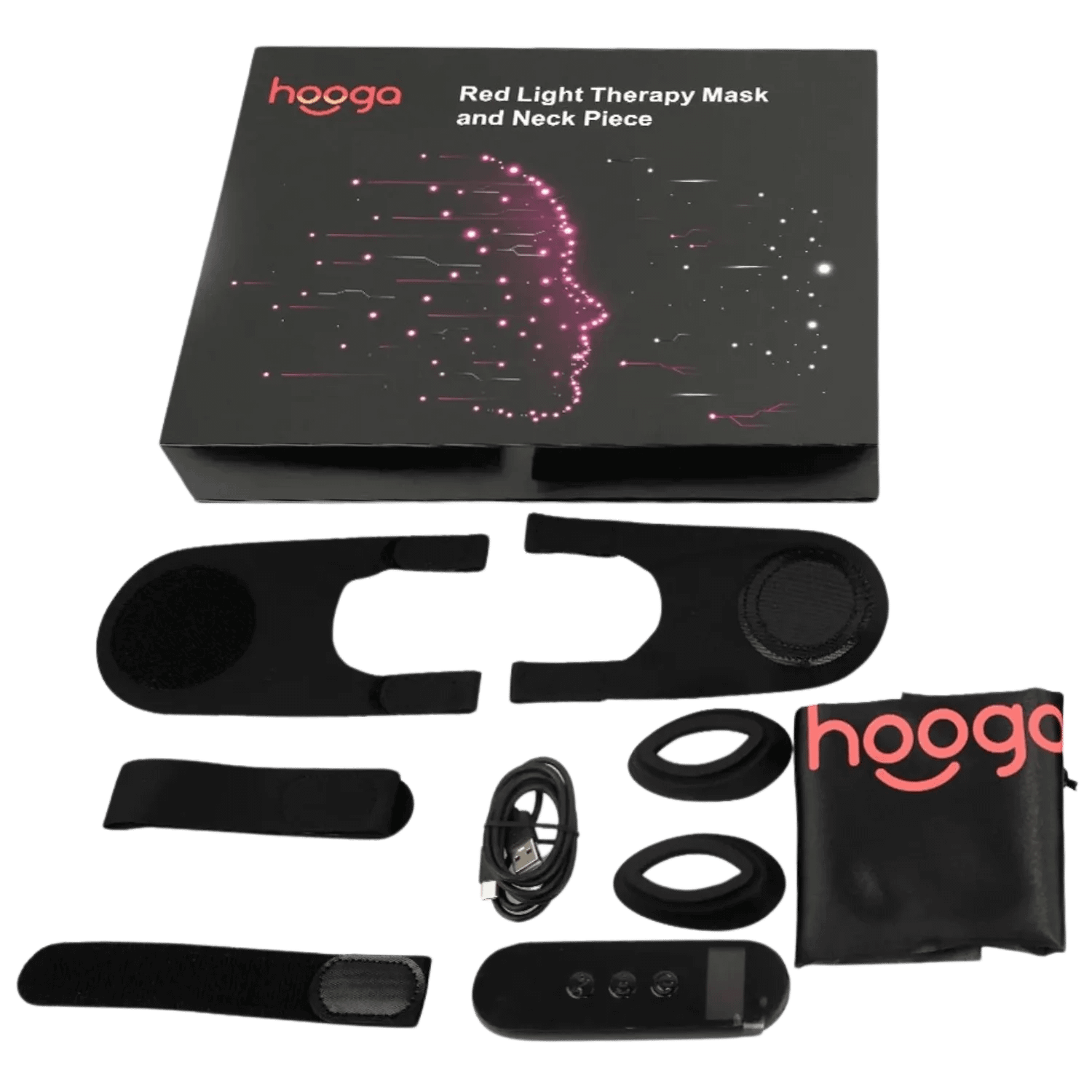 Hooga Red Light Therapy Face Mask unboxing showing complete package contents and accessories