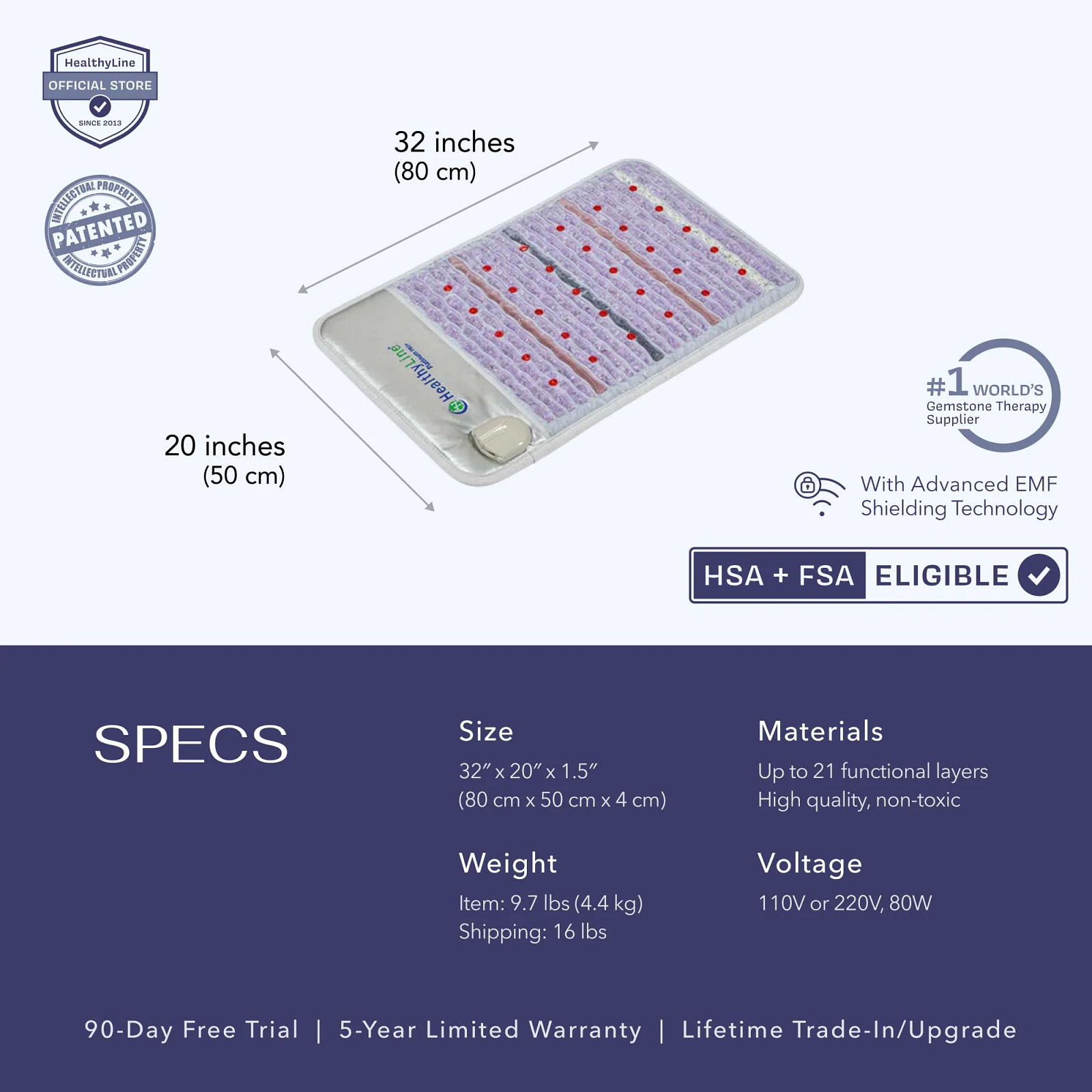 Detailed specs of HealthyLine Platinum PEMF MiniMat, highlighting advanced features