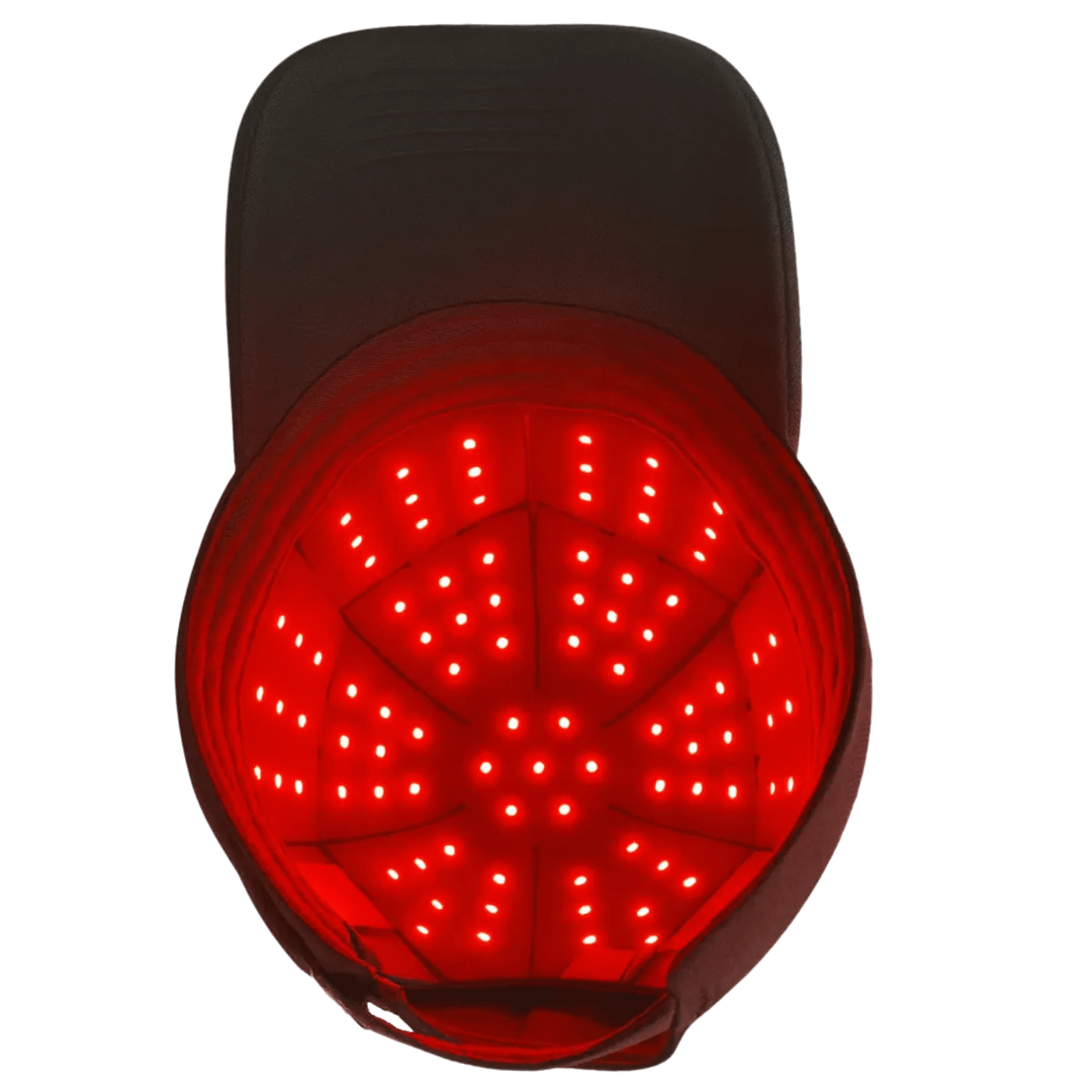 Overhead view of Kala Red Light Therapy Hat with illuminated LED panel in wireless operation mode
