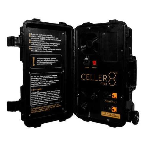 Celler8 MAX case opened, showing the control panel and safety instructions