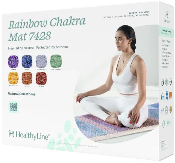 Packaging of the HealthyLine Rainbow Chakra PEMF Mat with product details