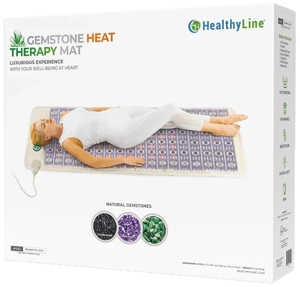 Packaging box of HealthyLine TAJ PEMF Mat highlighting features and included accessories