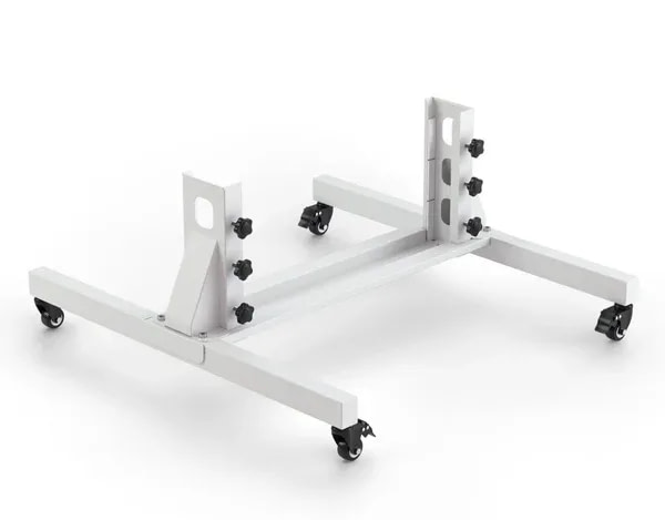 Side view of the mito red light panel floor stand with rolling base