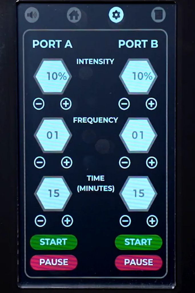 Celler8 MAX touchscreen with intensity, frequency and time settings for Port A and Port B