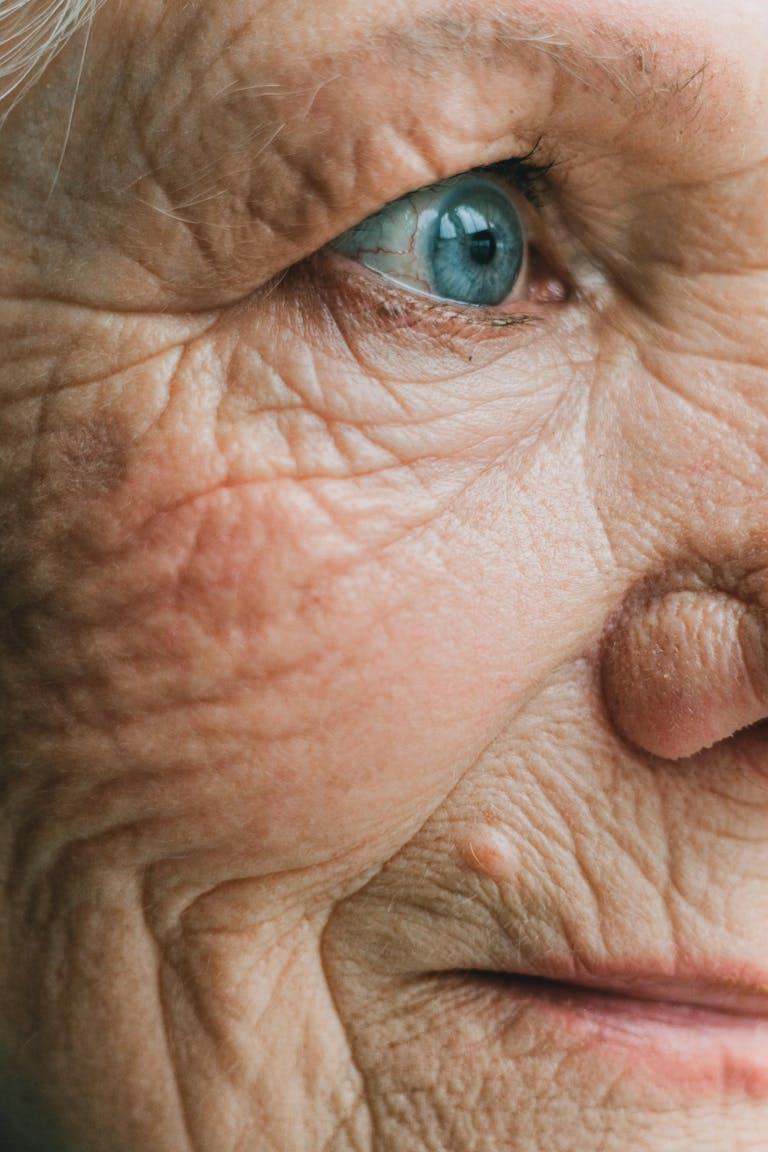 Detailed close-up shot of an elderly woman's blue eye, emphasizing wrinkles and aged skin texture.