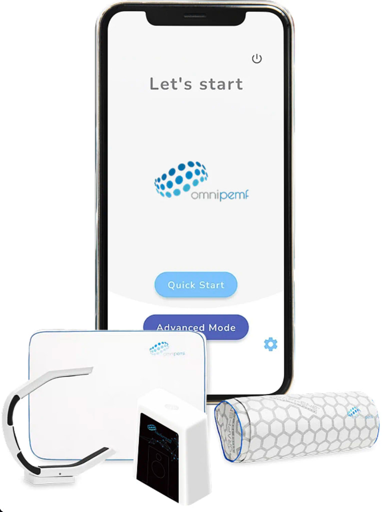 OmniPEMF app start screen with the NeoSurround mat and other OmniPEMF PEMF devices