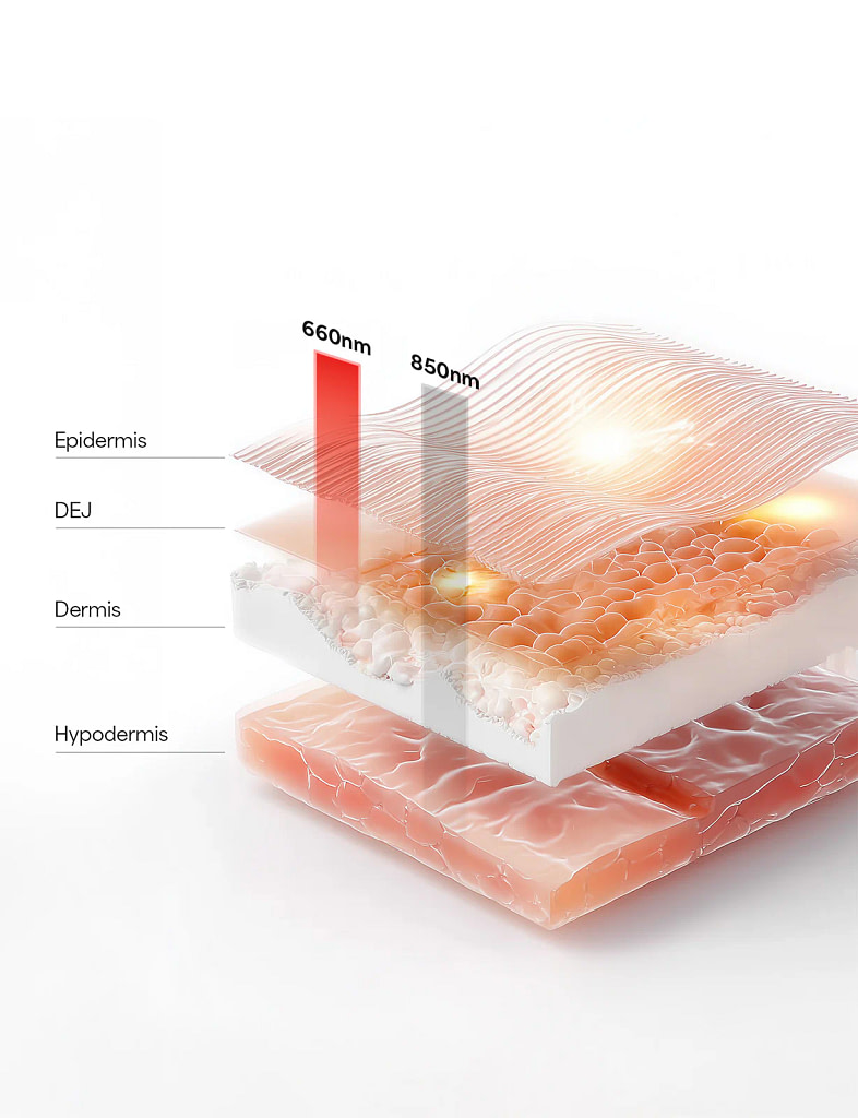 Diagramma penetrazione doppia lunghezza d'onda che mostra i livelli di profondità della terapia rossa e infrarossa vicina