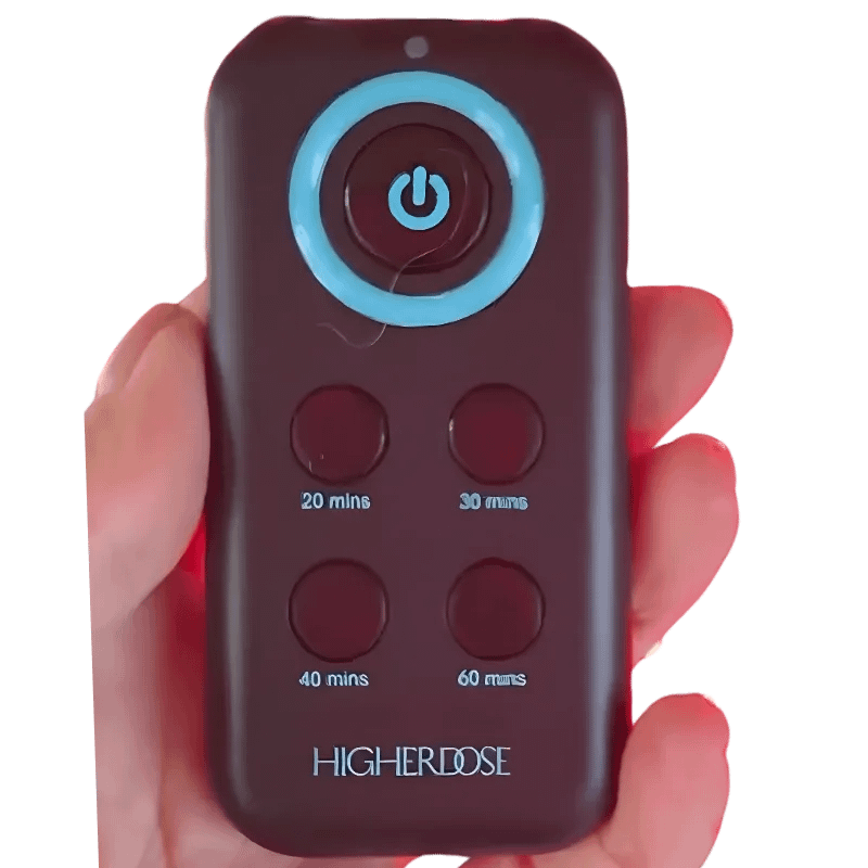 HigherDose Red Light Therapy Mat wireless remote for convenient hands-free operation and adjustments