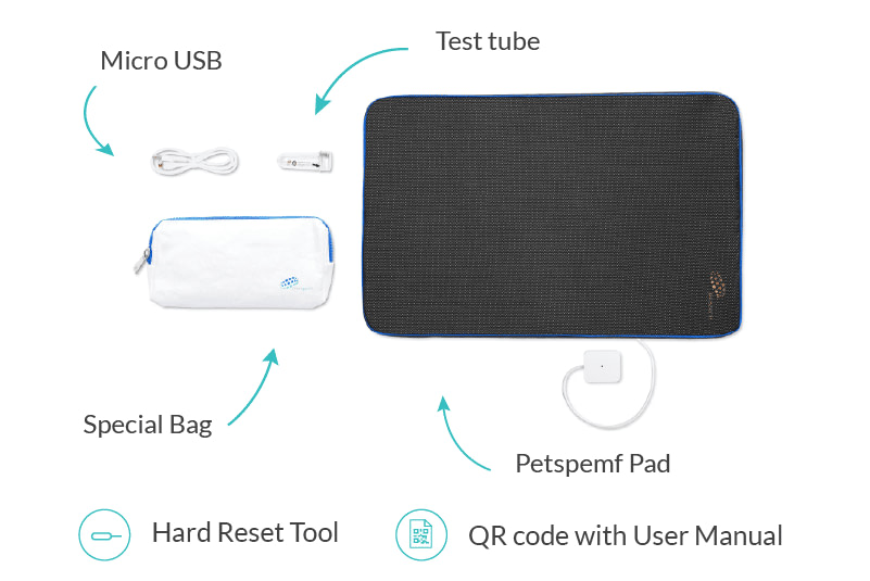 Contenuto pacchetto terapia cani PetsPEMF con accessori per tappetini e materassini