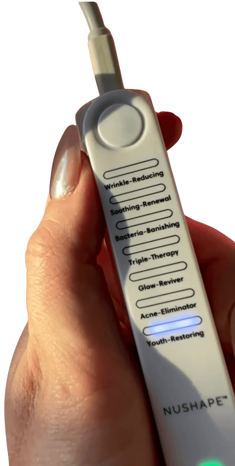 Nushape Red Light Therapy Face Mask controller showing seven customizable treatment programs