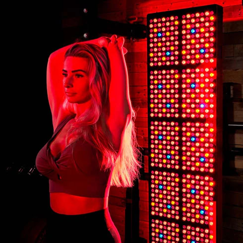 Back pain relief with full body red light therapy panel session