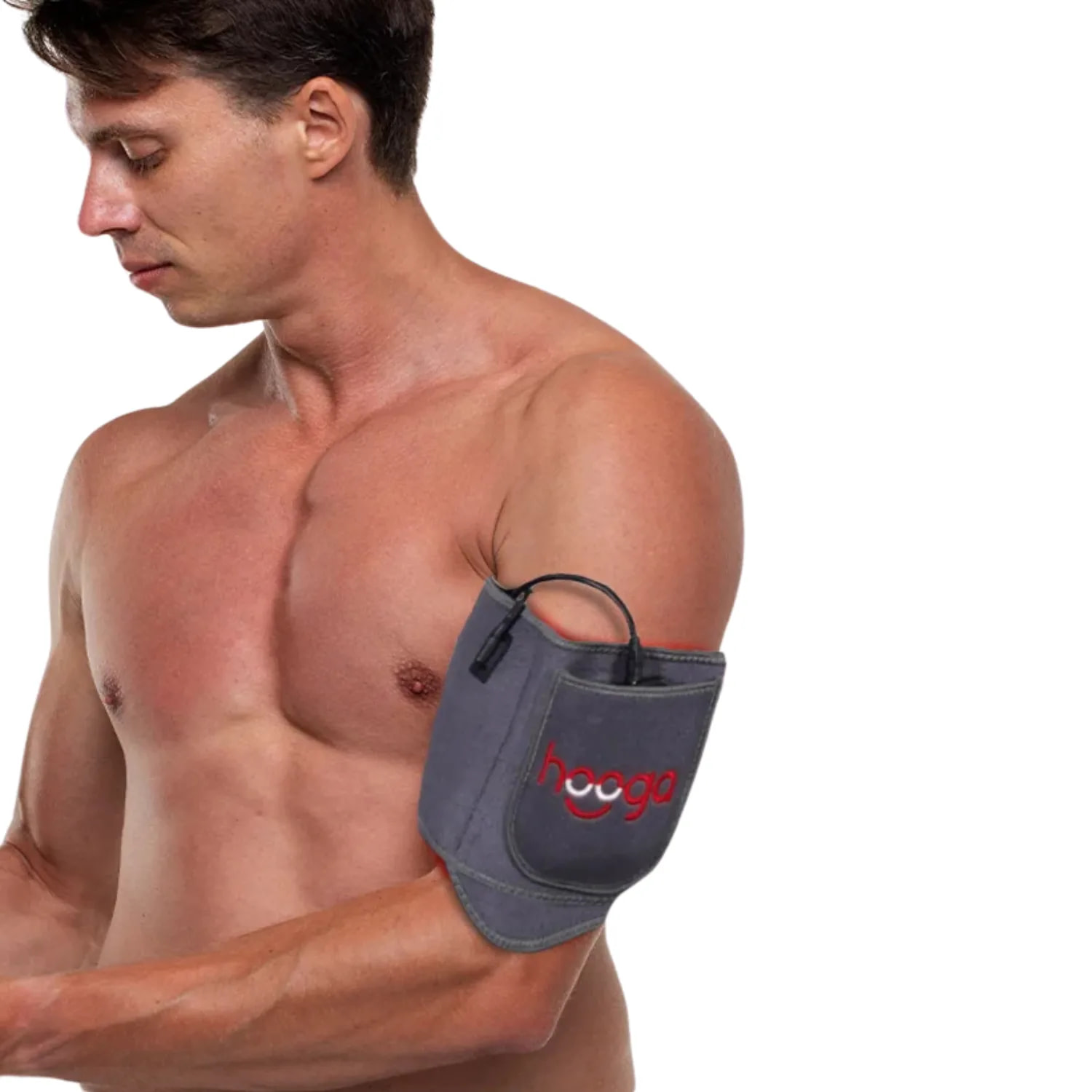 Man using Hooga Therapy Belt on upper arm for muscle recovery and targeted pain relief