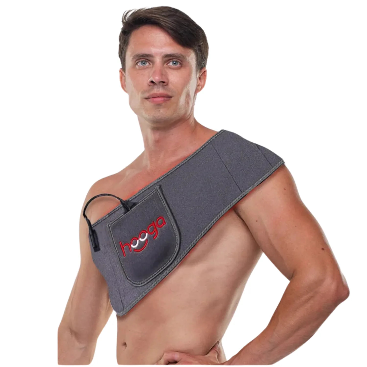 Man applying Hooga LED Therapy Wrap to shoulders and neck for upper body pain relief