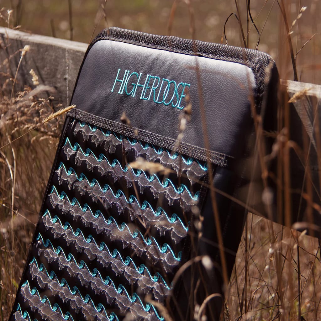 HigherDOSE Go PEMF chair-mat logo close-up showing infrared therapy branding