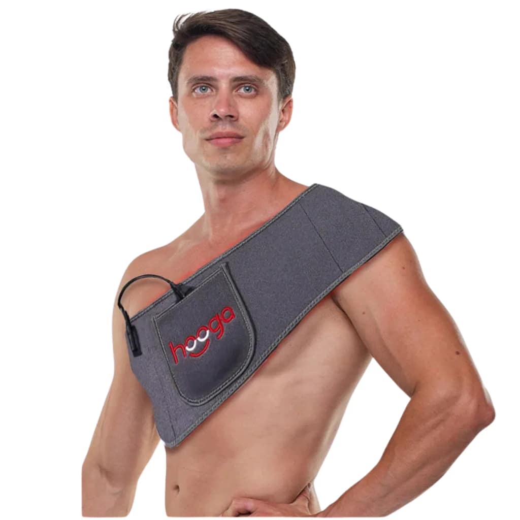 Man applying Hooga LED Therapy Wrap to shoulders and neck for upper body pain relief