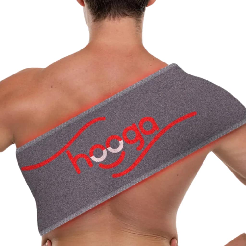 Hooga Red Light Belt positioned on upper back and shoulders for tension and pain relief therapy