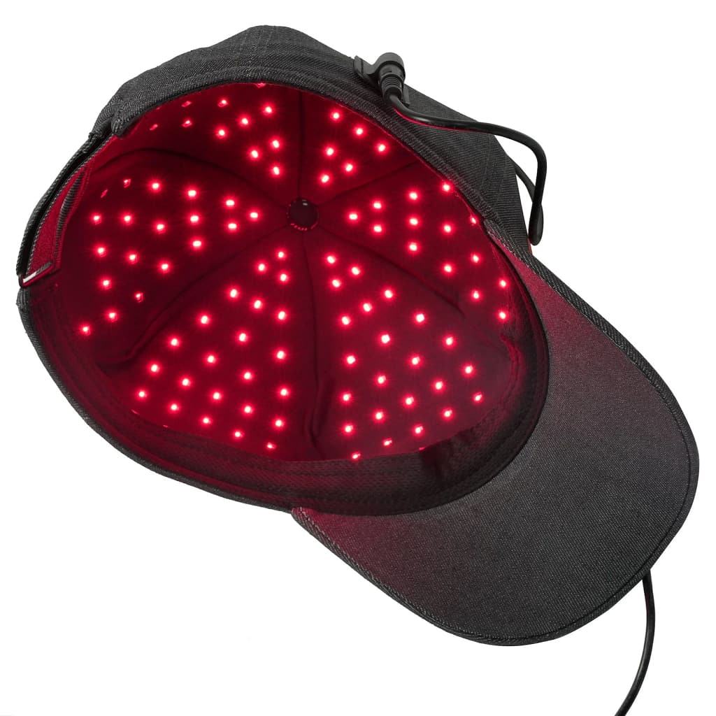 Interior view of Hooga Red Light Therapy Hat showing activated LED array for scalp treatment