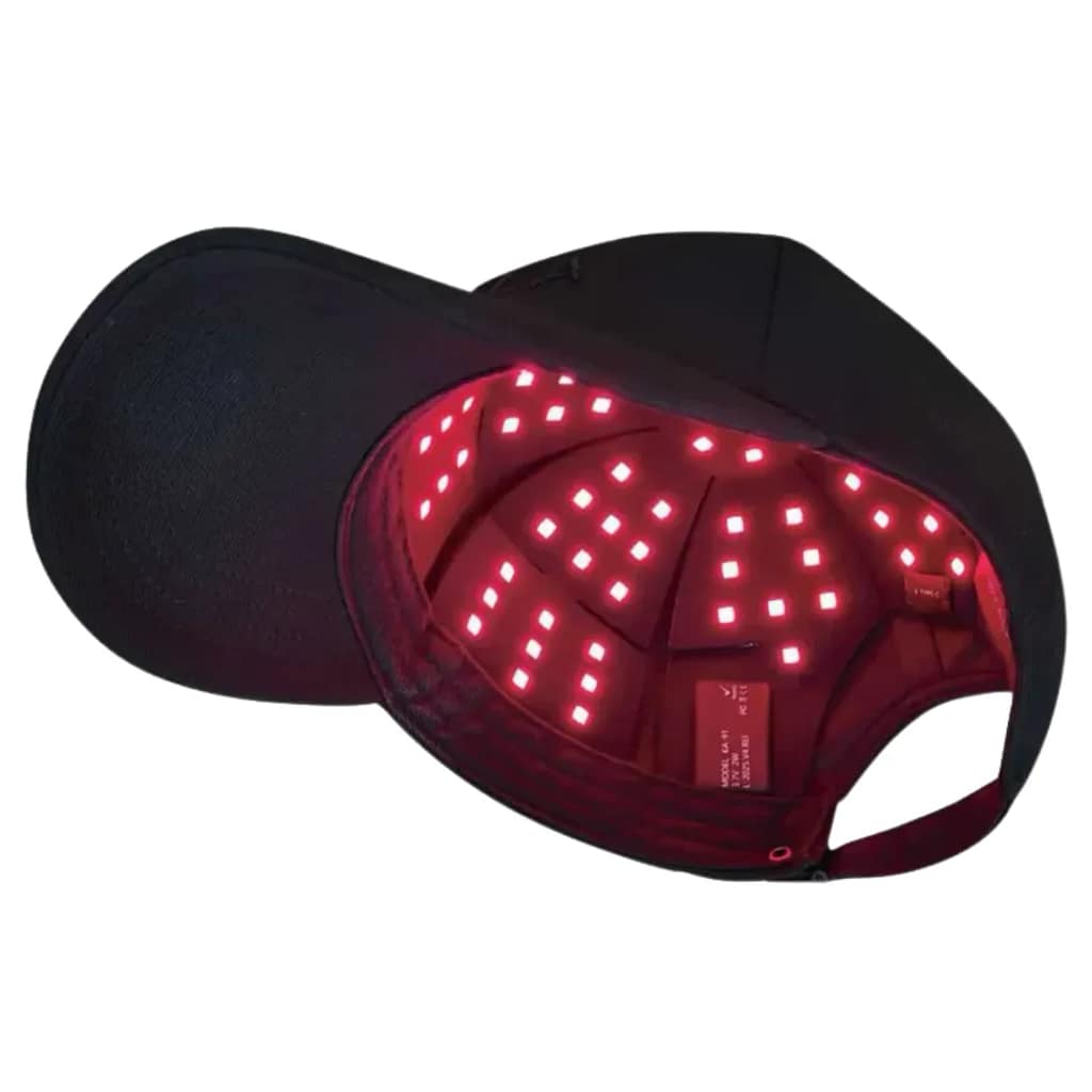 Interior of Kala Hat showing activated red LED array for wireless battery-operated scalp therapy