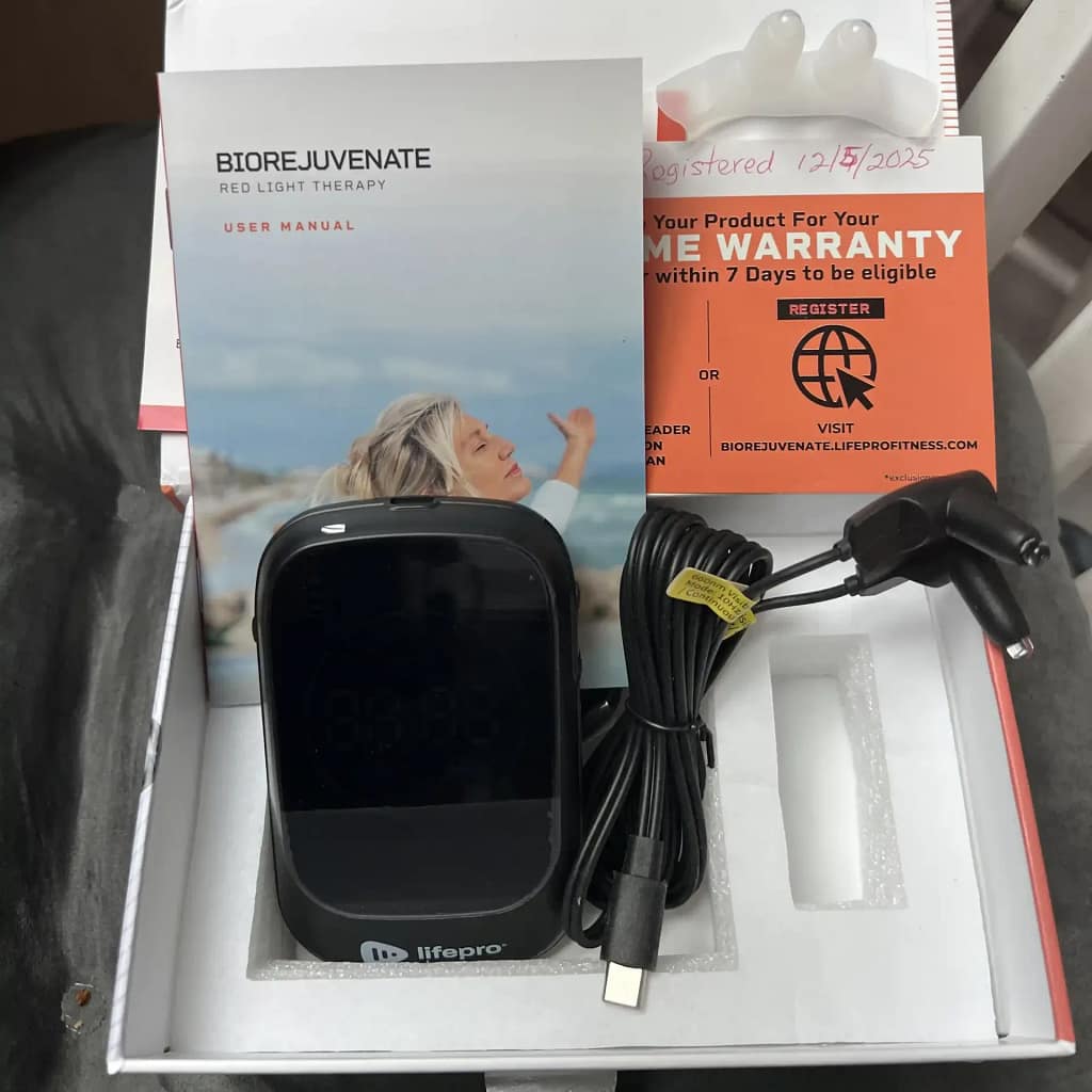 LifePro AllevaBody Red Light Therapy Mat unboxing showing included controller and power cables