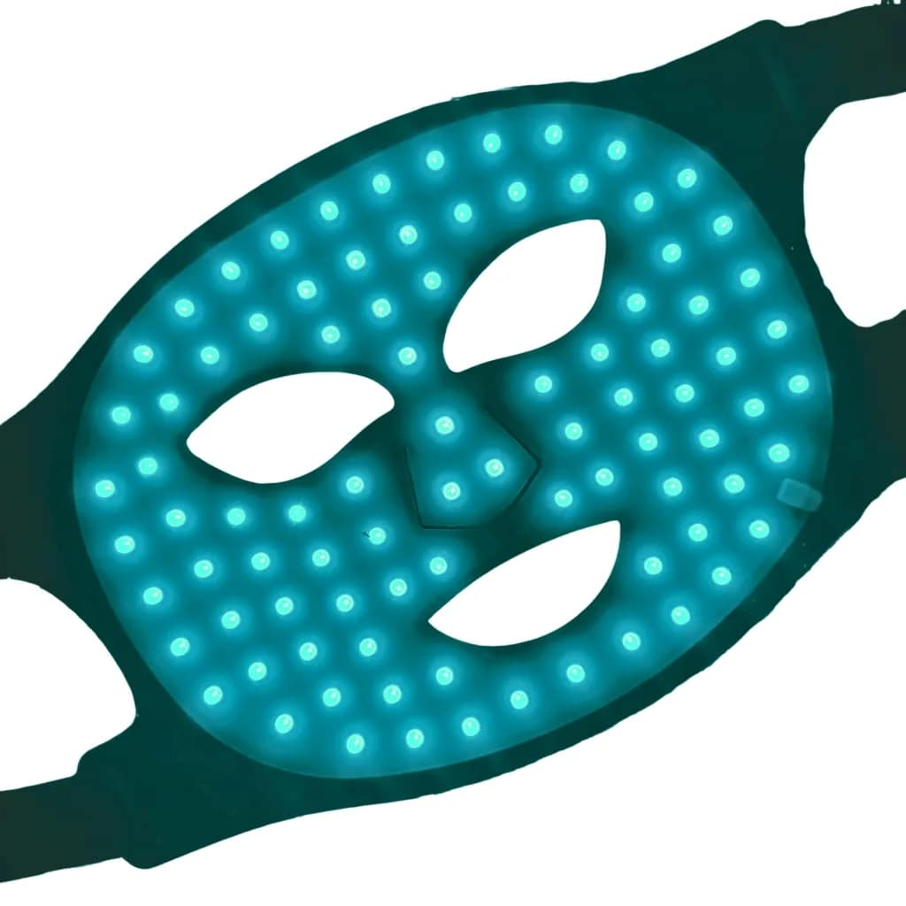 Therasage TheraGlow Face Mask in cyan light mode for calming and soothing therapy