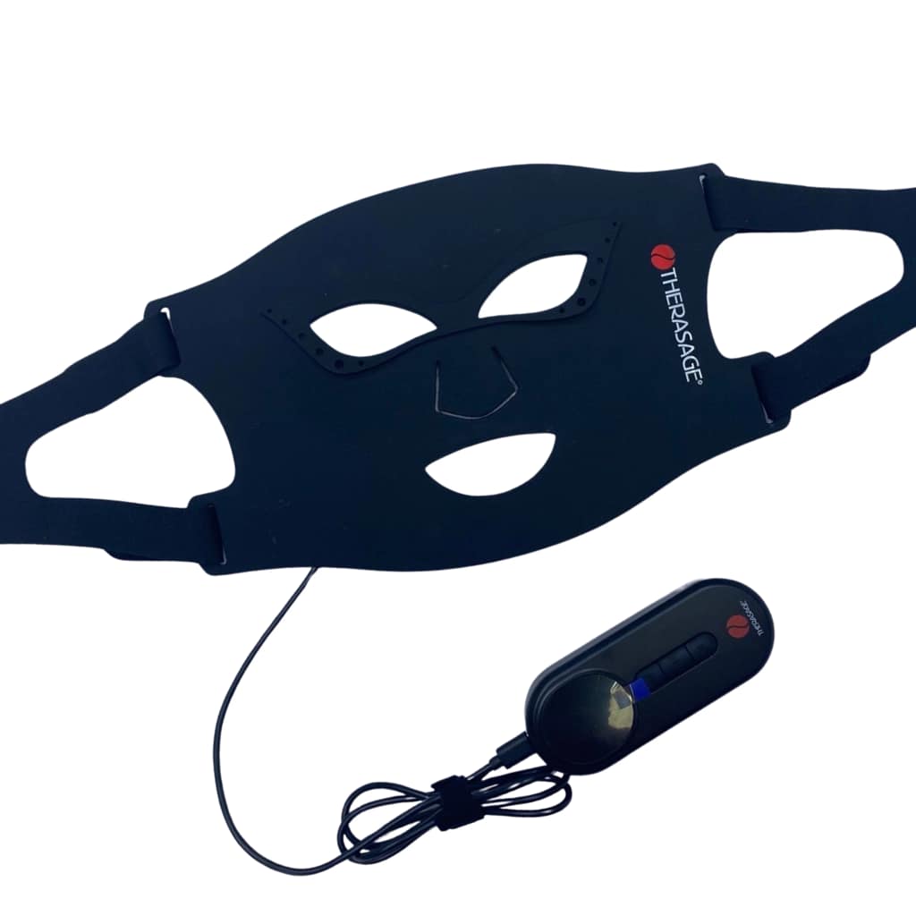 Interior view of Therasage Mask2Go showing LED panel array and wired controller